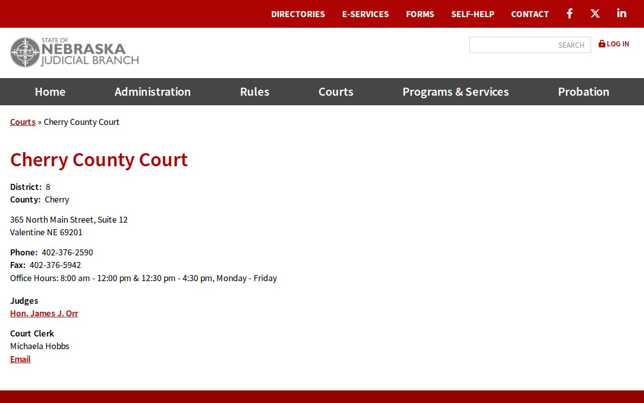 Cherry County criminal court case office on the Nebraska Judicial Branch site