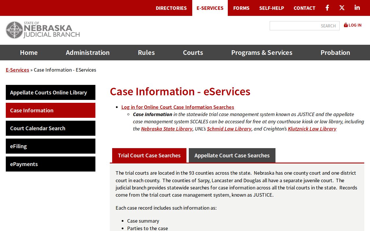Cherry County criminal court case search options in JUSTICE eServices