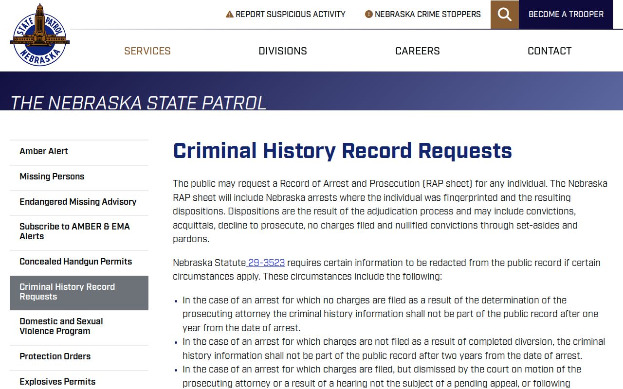 Cherry County criminal history Nebraska State Patrol record request page